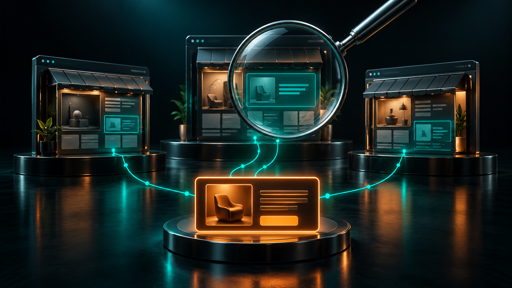 Illustration: competitor storefronts examined under a magnifying glass, feeding one highlighted offer