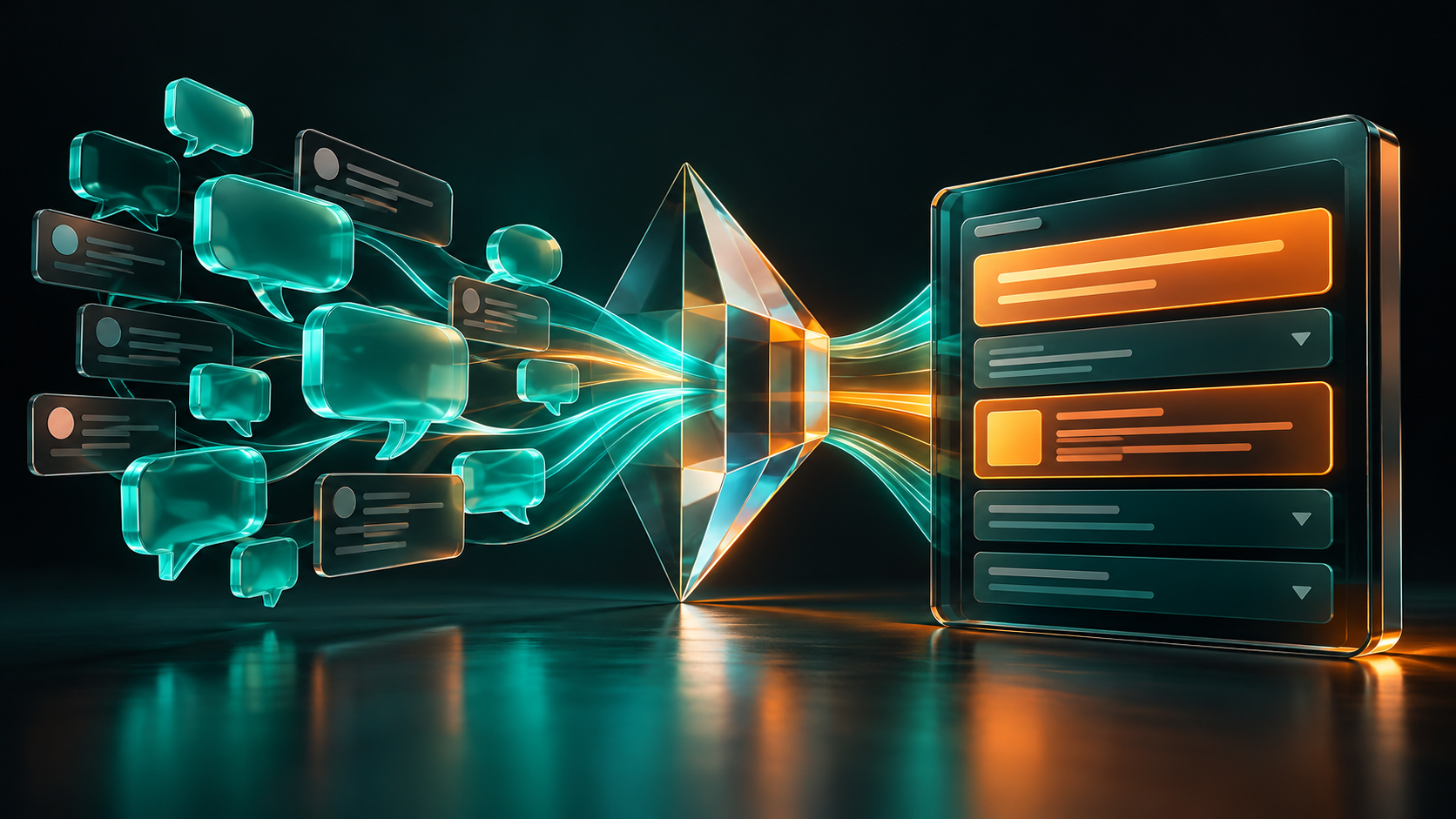 Illustration: customer review messages flowing through a prism into a structured message list